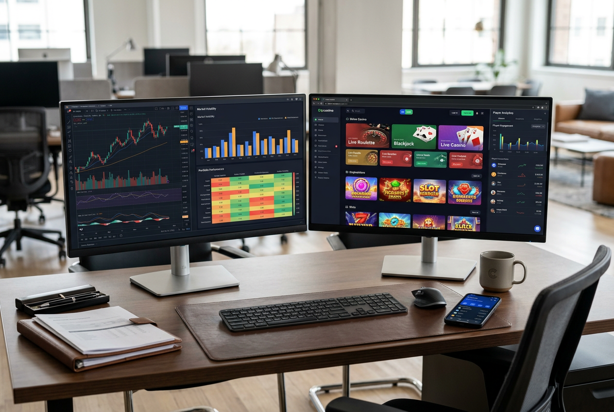 Modern office desk with screens showing gambling data and casino games.