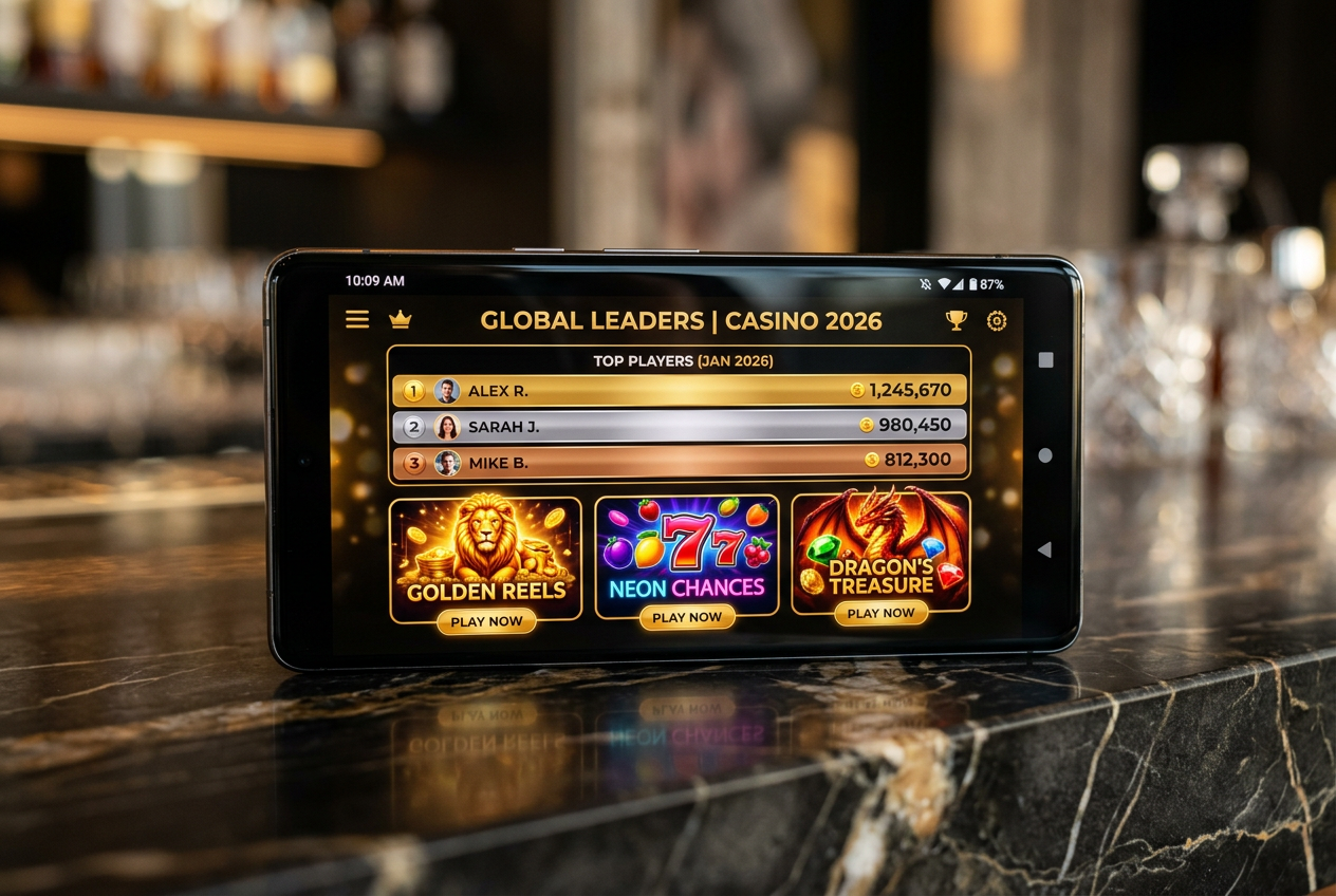 A high-end smartphone displaying a vibrant 2026 casino application on a dark marble background.