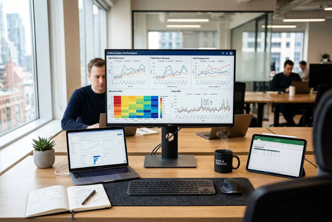 A professional data analyst workspace with charts showing casino statistics.