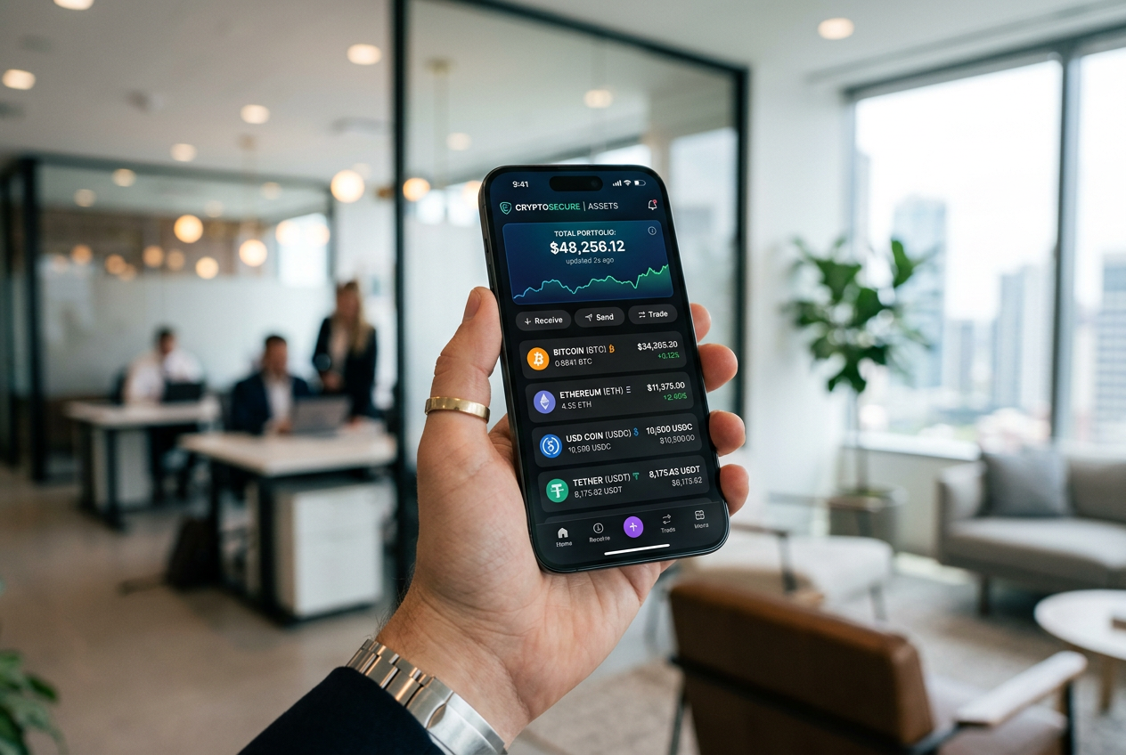 Smartfon z aplikacjami finansowymi i symbolami kryptowalut.