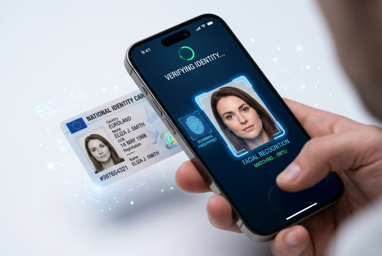 A person's hand holding a smartphone for identity verification.