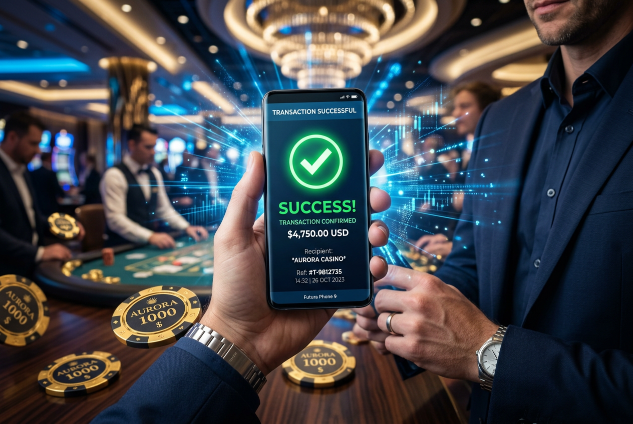 High-speed digital transaction visualization with casino elements.